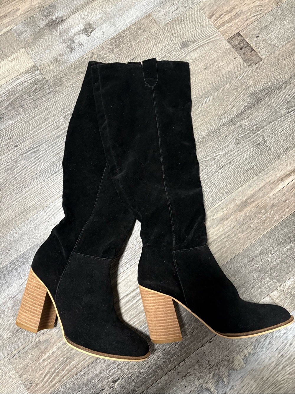 Tall Black Suede Heeled Knee Boots with Stacked Block Heel